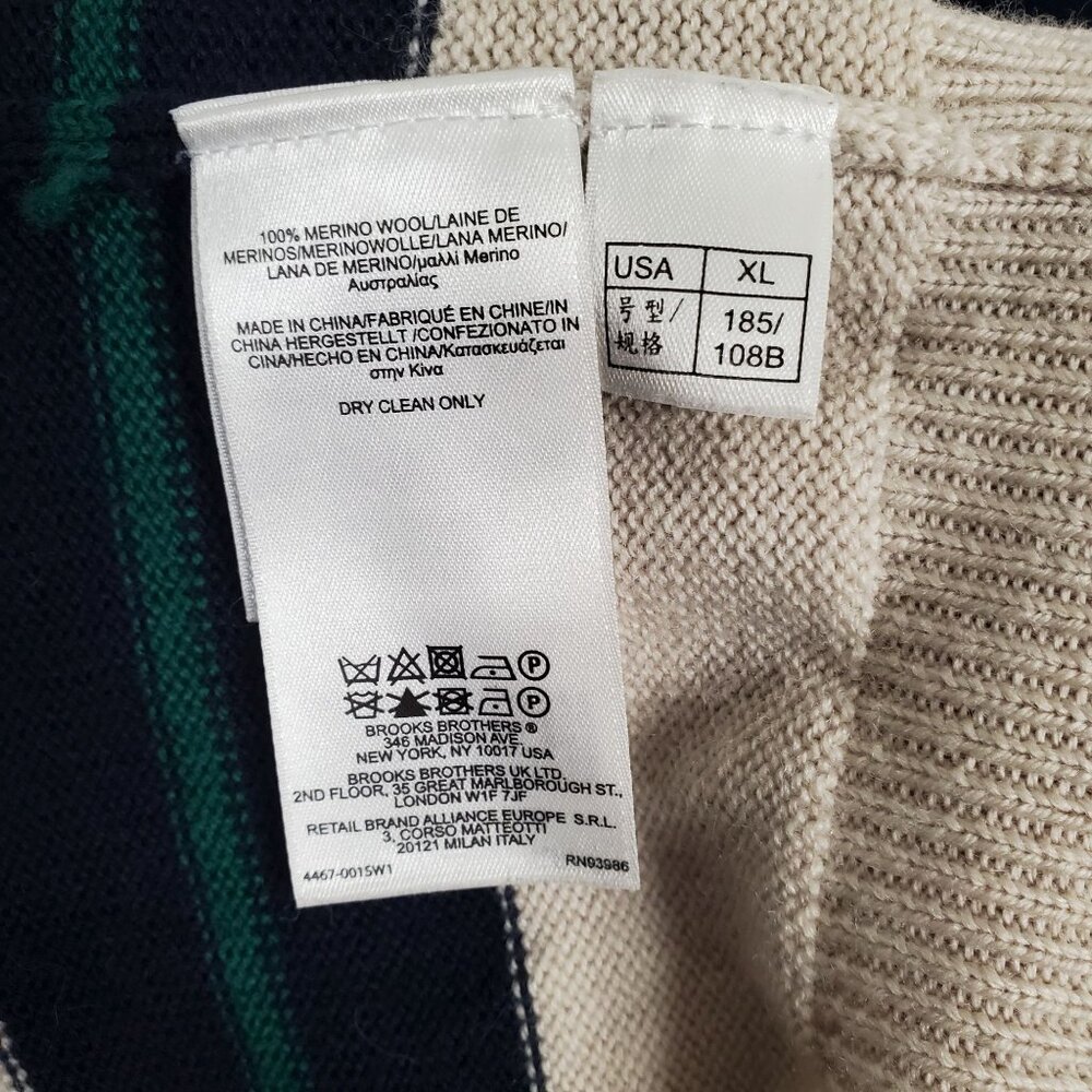 Brooks Brothers 346 Mens Size XL Sweater Merino Wool Striped Half-Zip Beige Navy - Picture 5 of 10